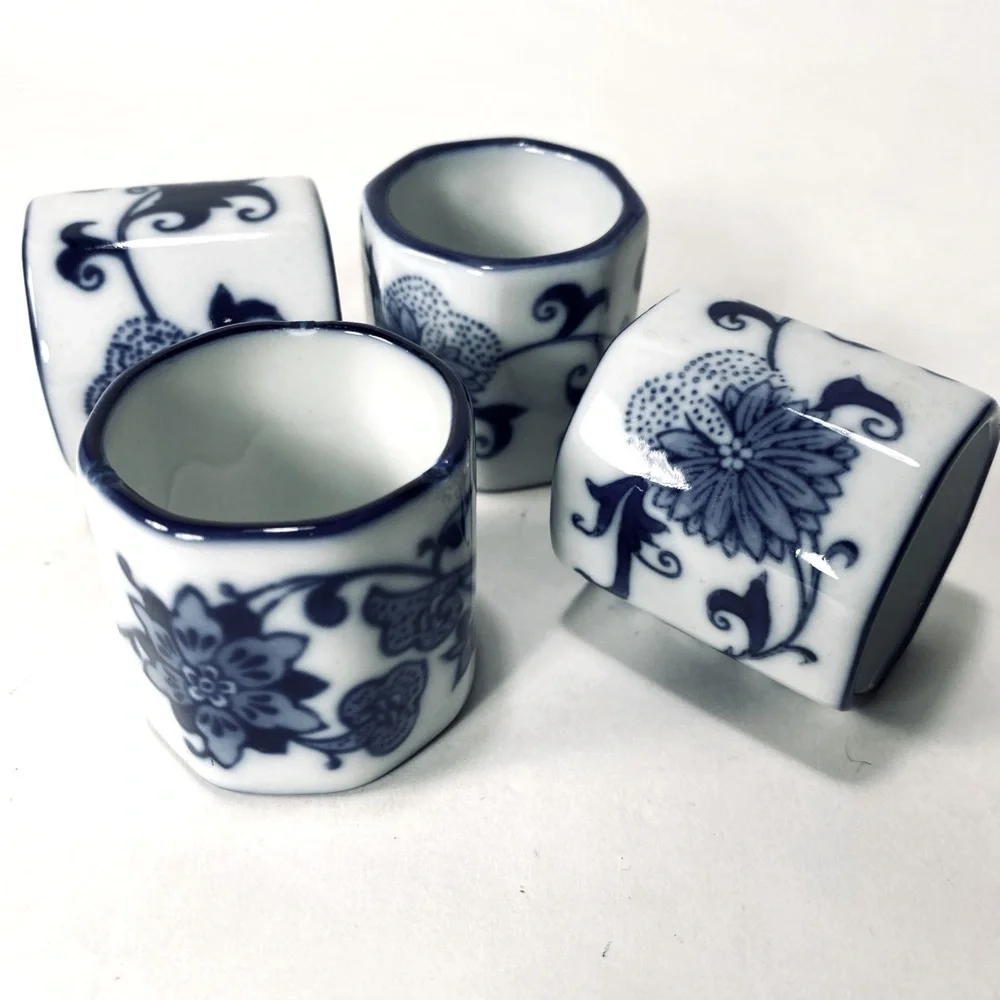 4x Pier 1 Mandarin Blue White Porcelain Napkin Ring Holders